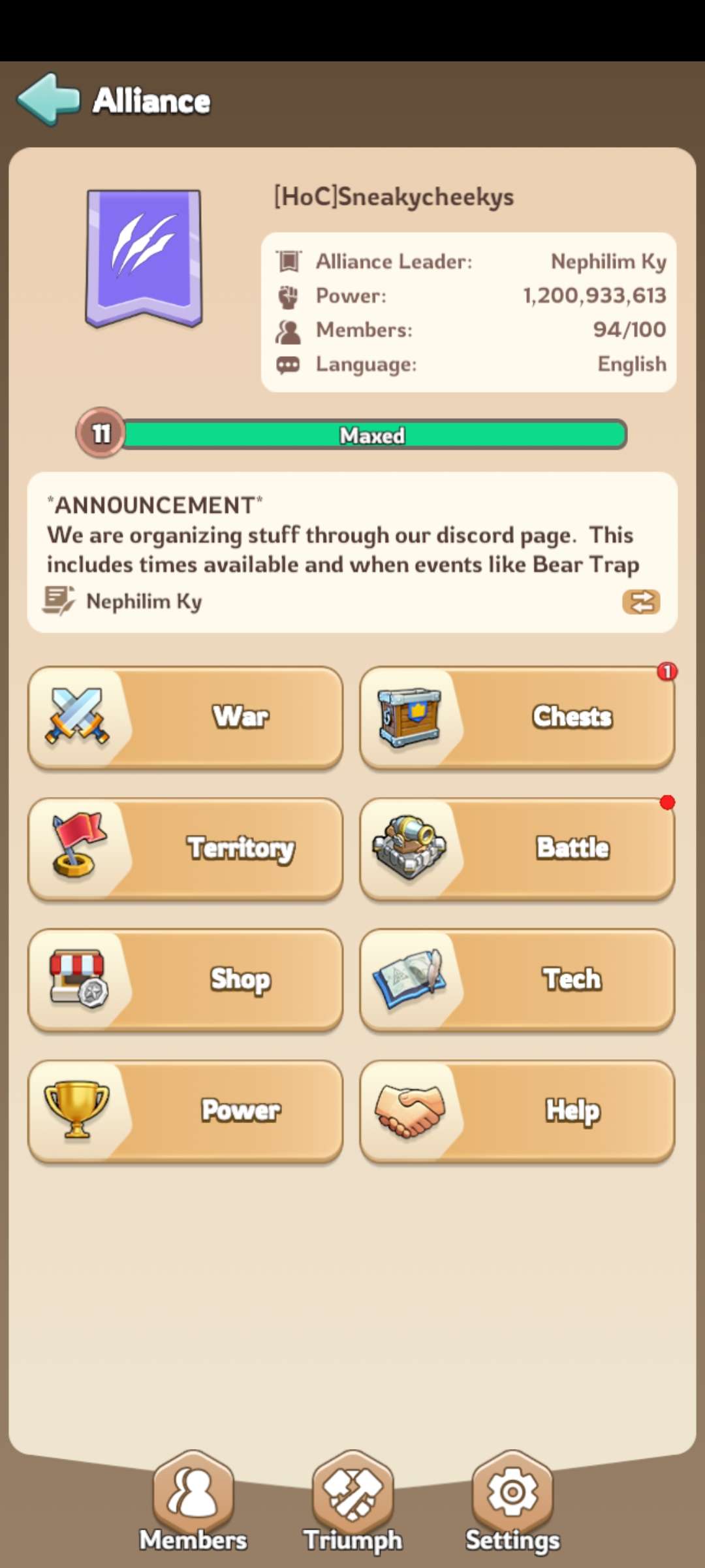 Alliance menu with War tab